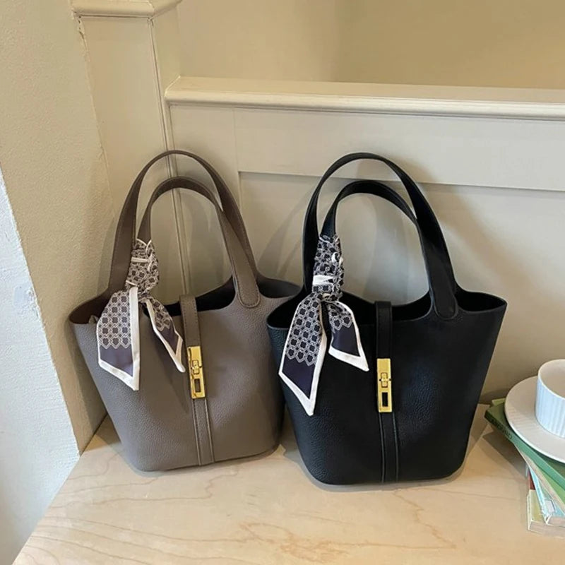 Classic Black PU Leather Tote Bag with Twilly Scarf & Gold-Tone Lock