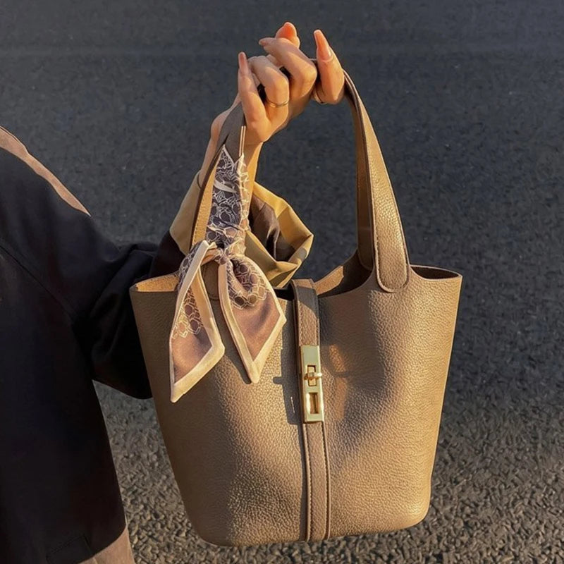 Classic Black PU Leather Tote Bag with Twilly Scarf & Gold-Tone Lock