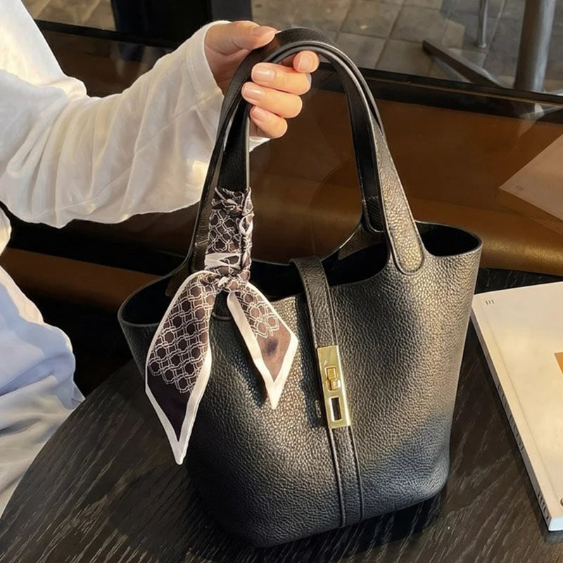 Classic Black PU Leather Tote Bag with Twilly Scarf & Gold-Tone Lock