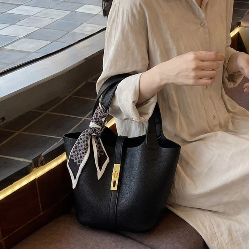 Classic Black PU Leather Tote Bag with Twilly Scarf & Gold-Tone Lock
