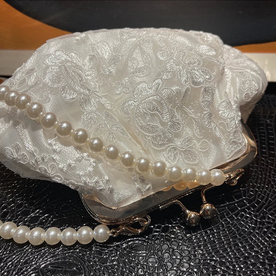 Elegant Floral Lace Clutch & Pearl Beaded Handbag for Women & Brides