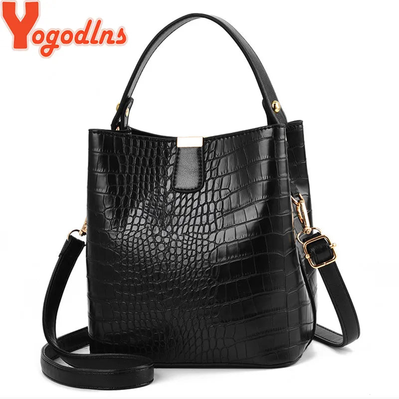 Luxury Crocodile Texture PU Leather Bucket Bag | Chic Top-Handle Crossbody Bag
