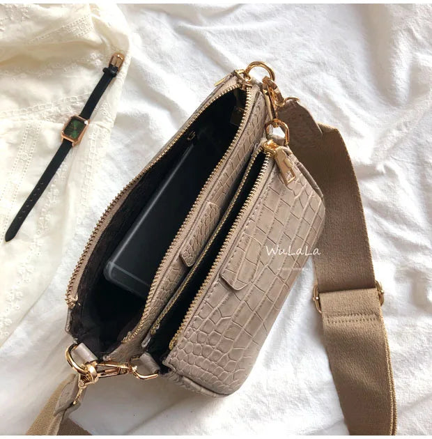 Trendy 3-in-1 Faux Leather Crossbody Handbag | Multi-Pocket Shoulder Bag with Wide Strap
