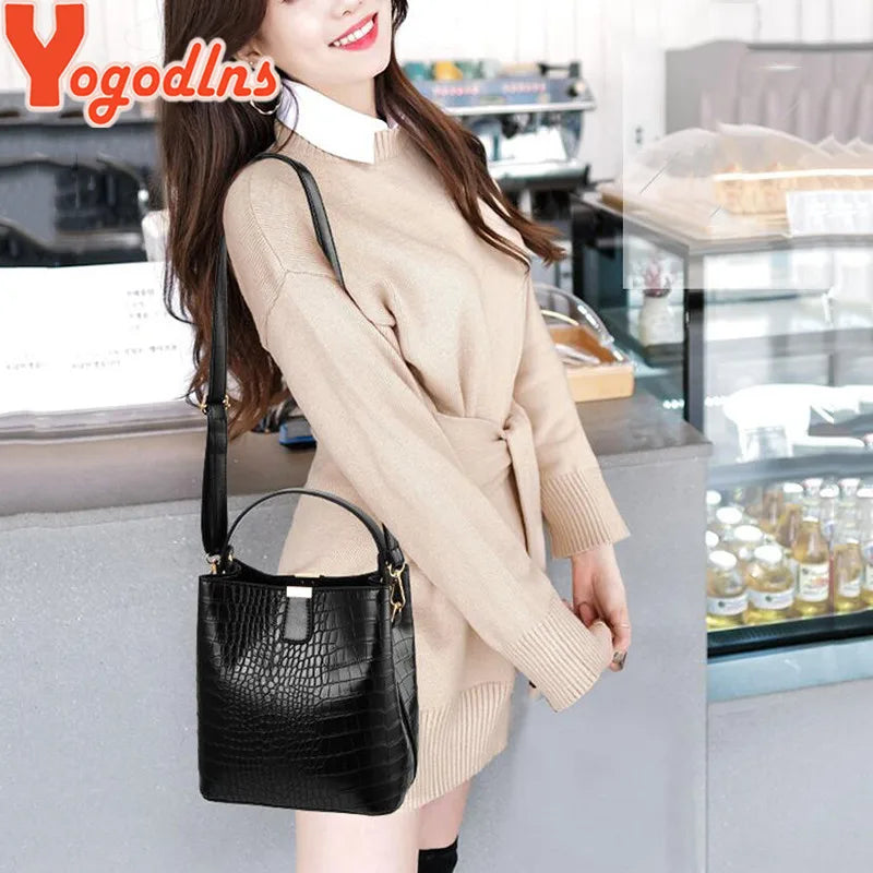 Luxury Crocodile Texture PU Leather Bucket Bag | Chic Top-Handle Crossbody Bag