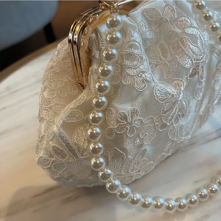 Elegant Floral Lace Clutch & Pearl Beaded Handbag for Women & Brides