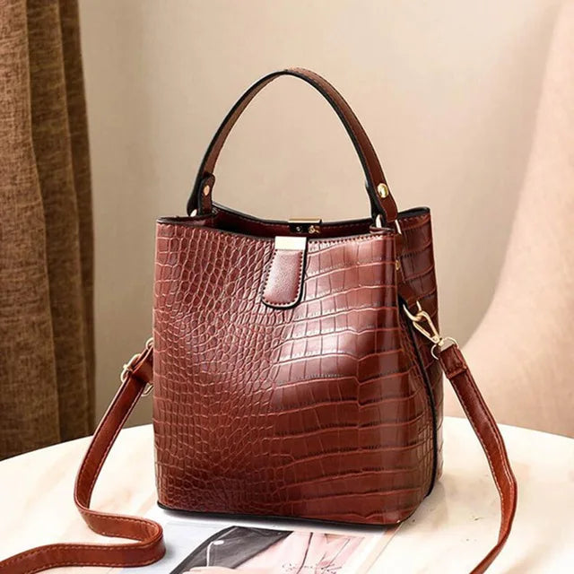 Luxury Crocodile Texture PU Leather Bucket Bag | Chic Top-Handle Crossbody Bag