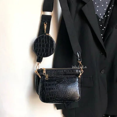 Trendy 3-in-1 Faux Leather Crossbody Handbag | Multi-Pocket Shoulder Bag with Wide Strap