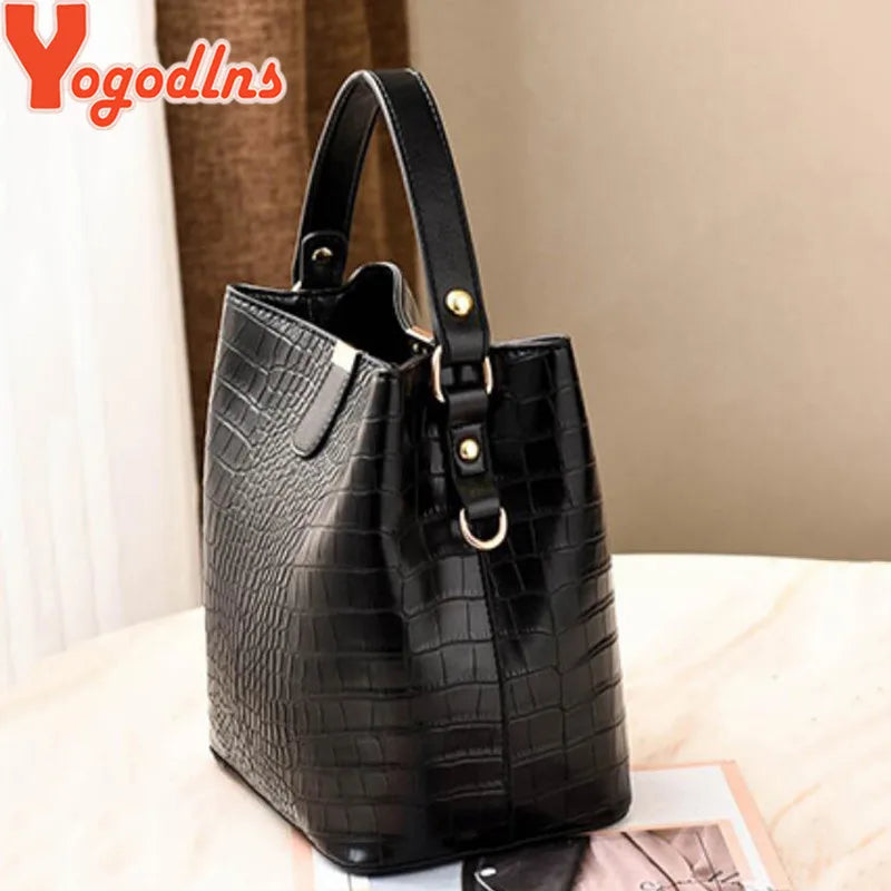 Luxury Crocodile Texture PU Leather Bucket Bag | Chic Top-Handle Crossbody Bag
