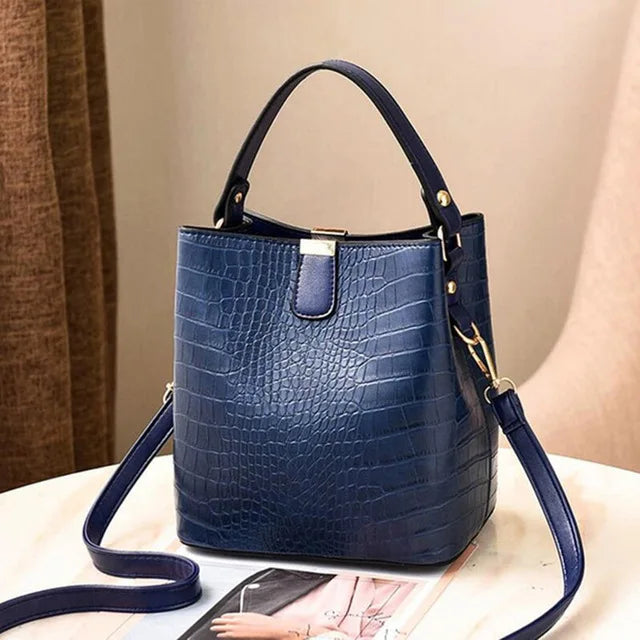 Luxury Crocodile Texture PU Leather Bucket Bag | Chic Top-Handle Crossbody Bag