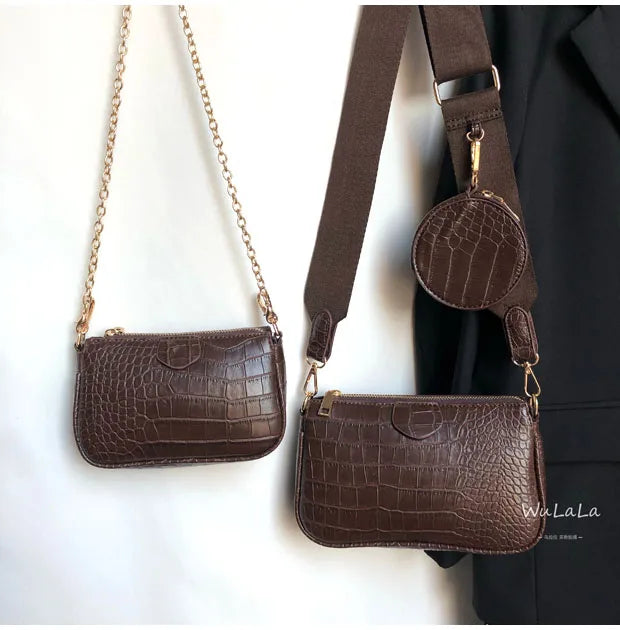Trendy 3-in-1 Faux Leather Crossbody Handbag | Multi-Pocket Shoulder Bag with Wide Strap