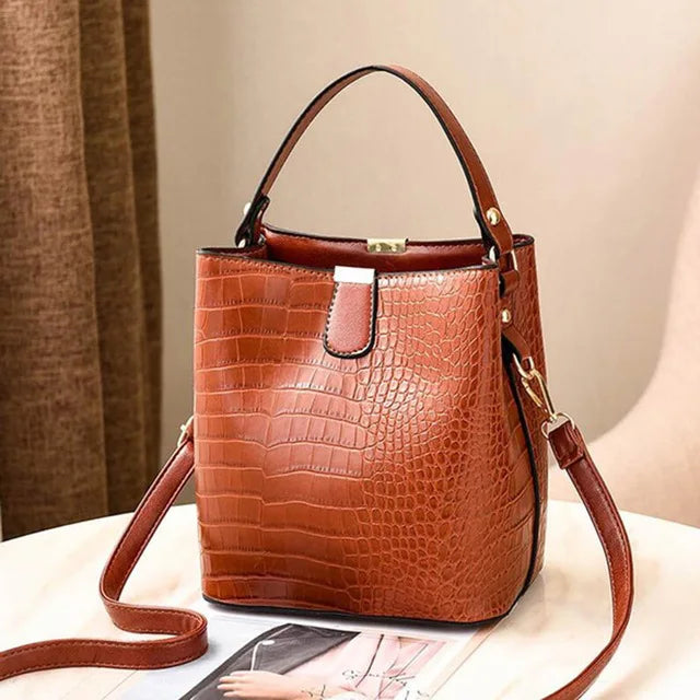 Luxury Crocodile Texture PU Leather Bucket Bag | Chic Top-Handle Crossbody Bag