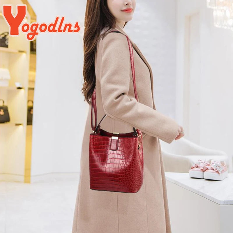 Luxury Crocodile Texture PU Leather Bucket Bag | Chic Top-Handle Crossbody Bag