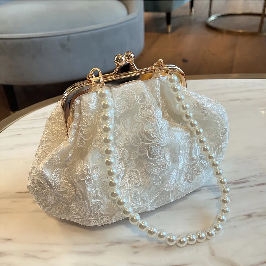 Elegant Floral Lace Clutch & Pearl Beaded Handbag for Women & Brides