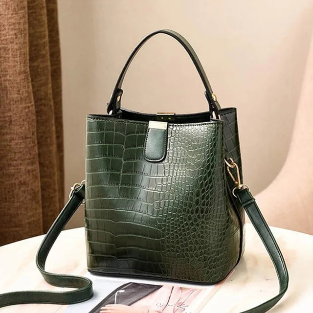 Luxury Crocodile Texture PU Leather Bucket Bag | Chic Top-Handle Crossbody Bag