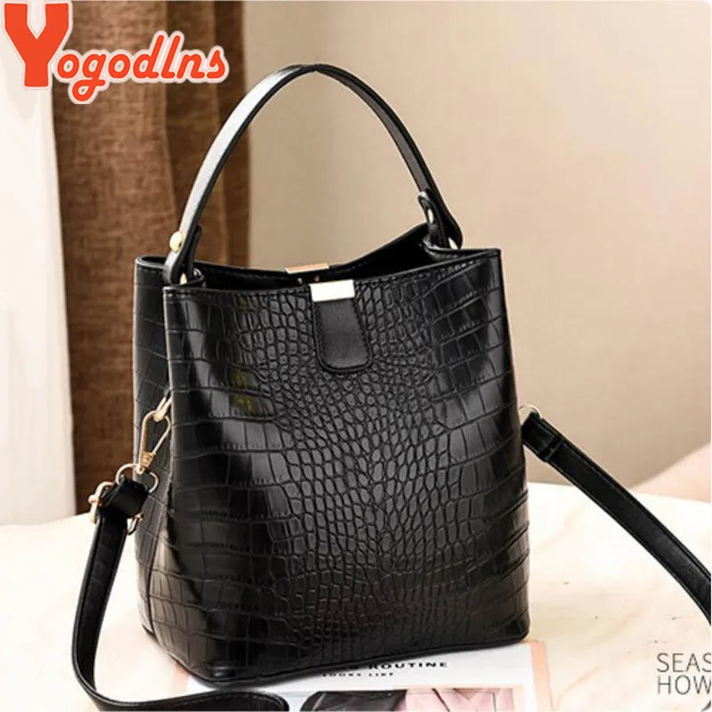 Luxury Crocodile Texture PU Leather Bucket Bag | Chic Top-Handle Crossbody Bag