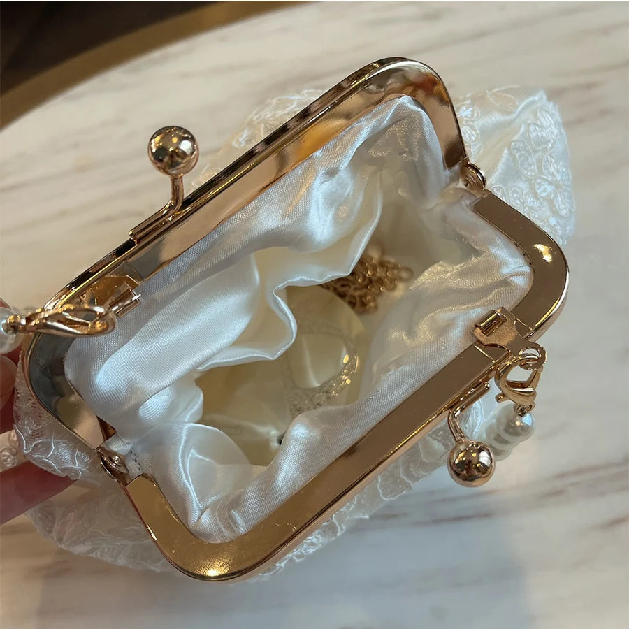 Elegant Floral Lace Clutch & Pearl Beaded Handbag for Women & Brides