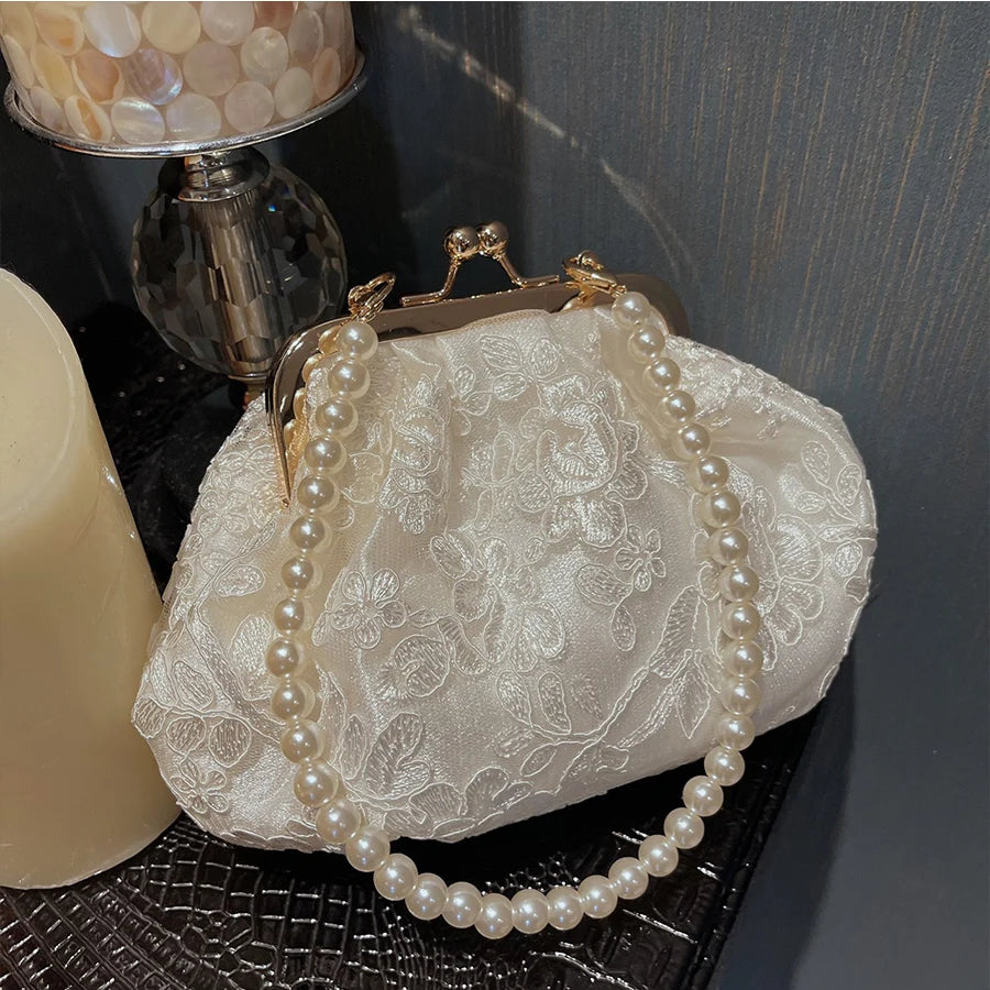 Elegant Floral Lace Clutch & Pearl Beaded Handbag for Women & Brides
