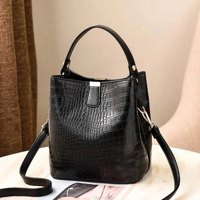 Luxury Crocodile Texture PU Leather Bucket Bag | Chic Top-Handle Crossbody Bag