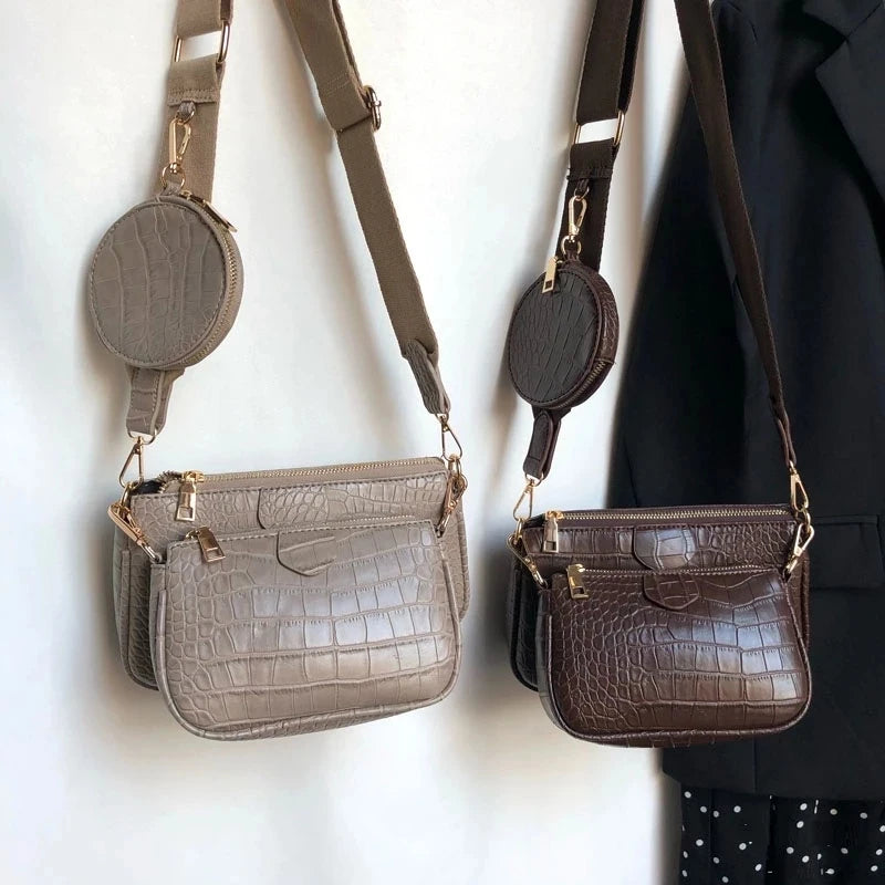 Trendy 3-in-1 Faux Leather Crossbody Handbag | Multi-Pocket Shoulder Bag with Wide Strap