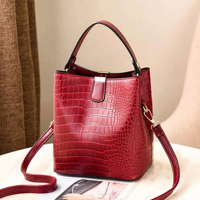 Luxury Crocodile Texture PU Leather Bucket Bag | Chic Top-Handle Crossbody Bag