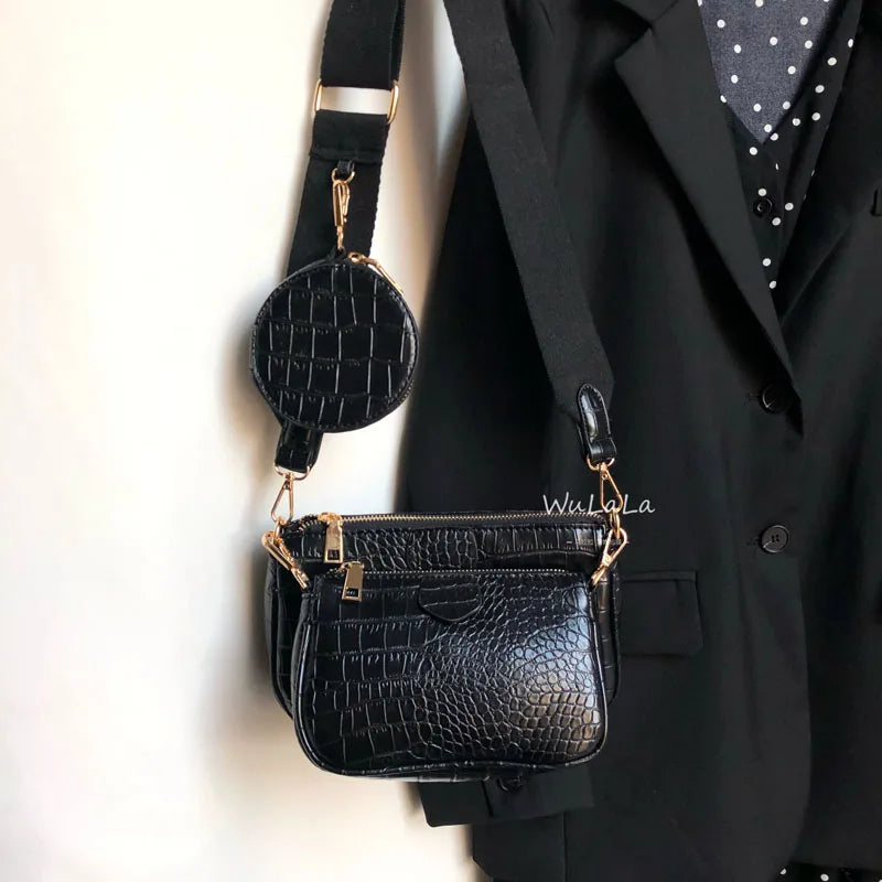 Trendy 3-in-1 Faux Leather Crossbody Handbag | Multi-Pocket Shoulder Bag with Wide Strap