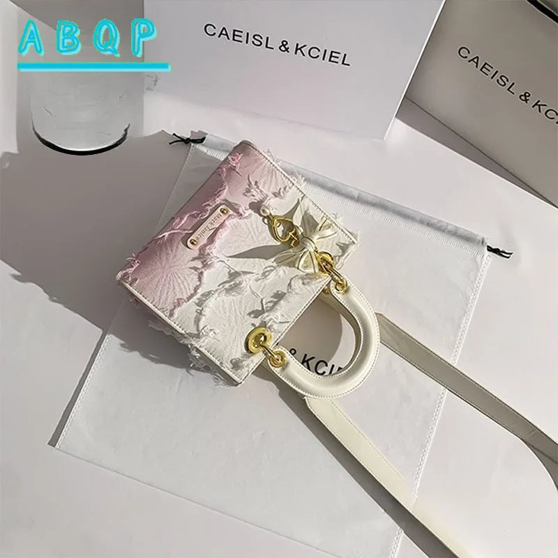 Trendy White & Pink Gradient Mini Handbag with Crossbody Strap and Pearl Bow Details