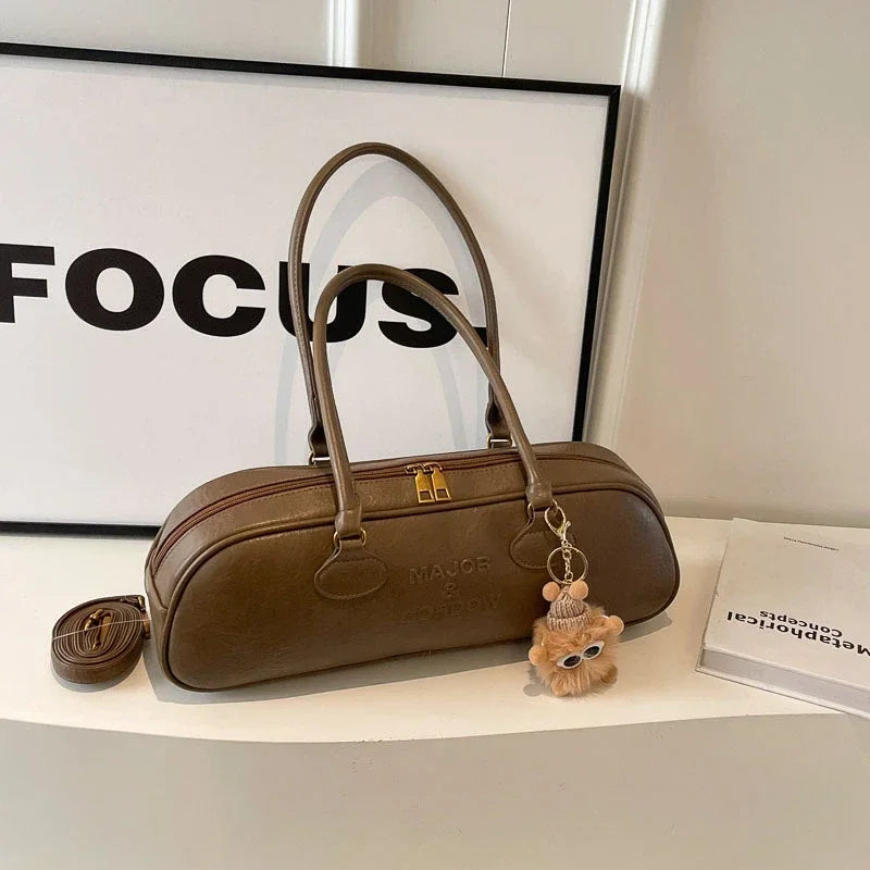 Chic Brown Barrel Shoulder Bag with Cute Fuzzy Charm | Aesthetic Tote Purse
