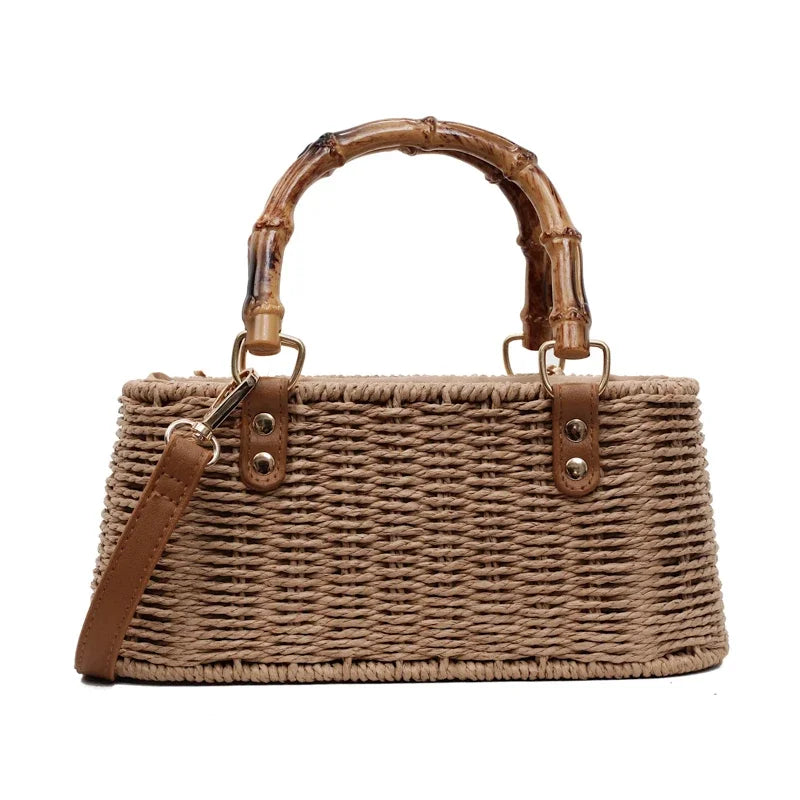 Boho Chic Bamboo Handle Straw Woven Crossbody & Top-Handle Bag