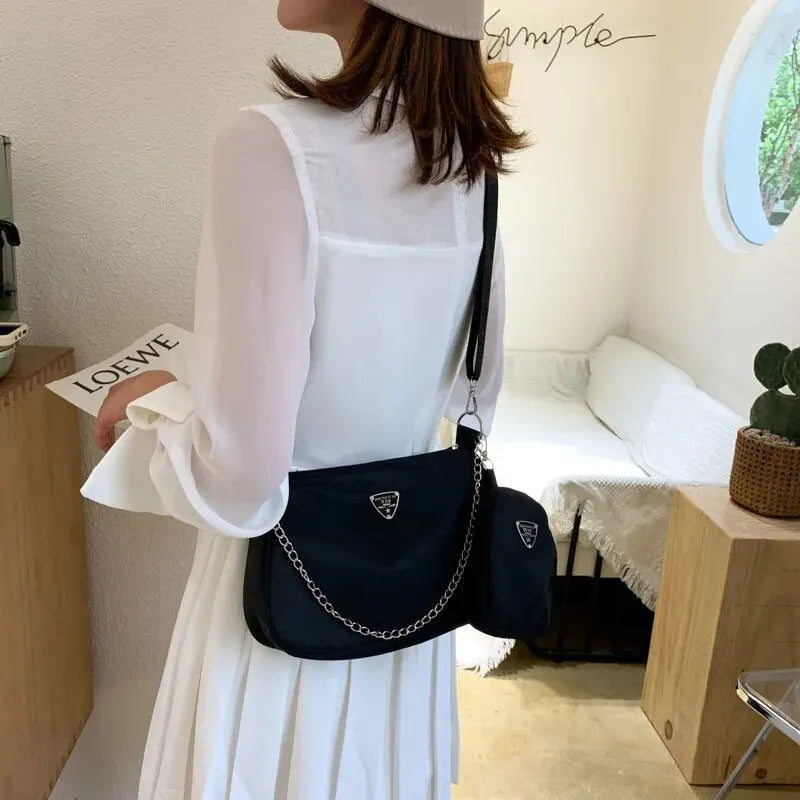 Trendy Black Nylon Crossbody Shoulder Bag with Detachable Chain & Small Coin Pouch