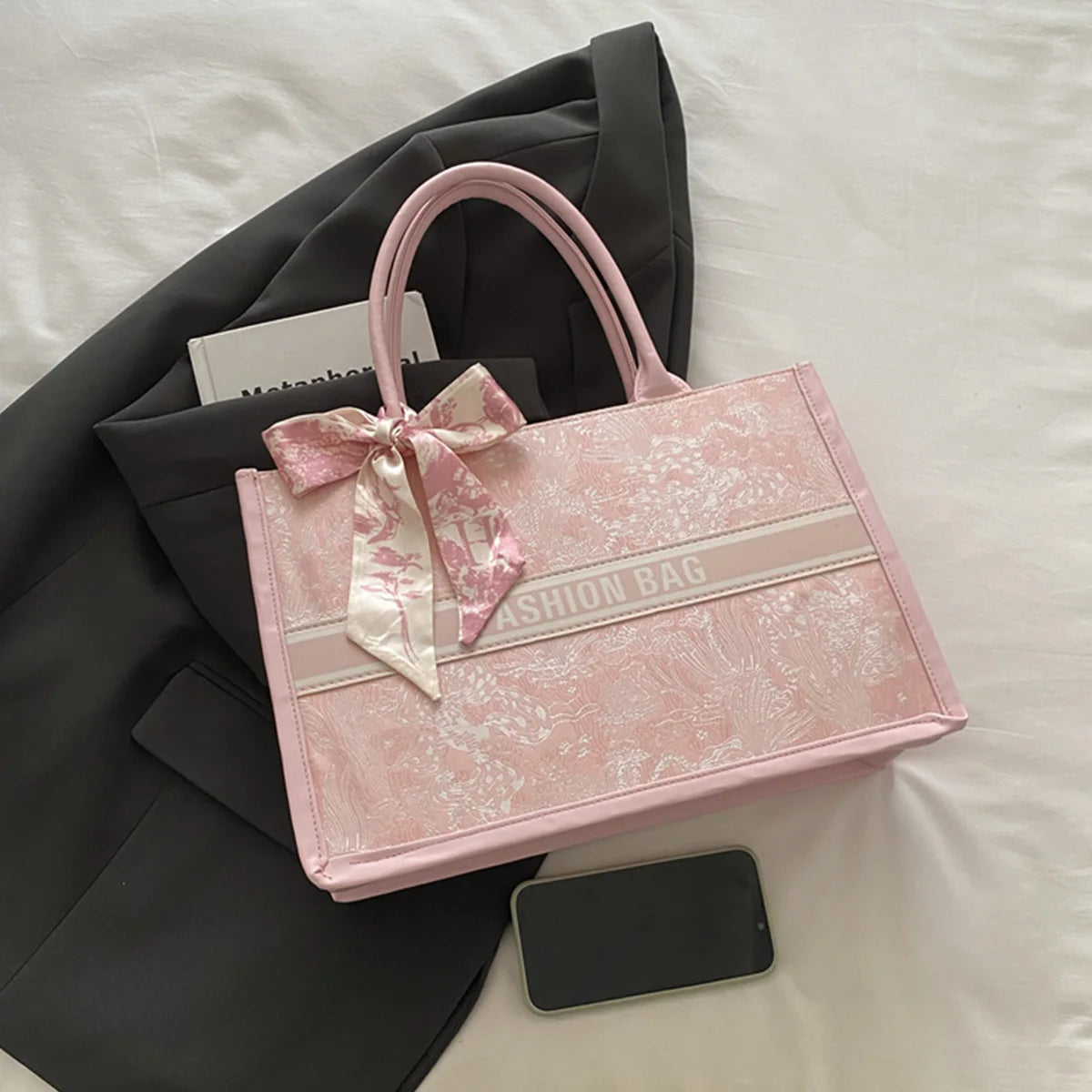 Luxury Designer-Style Large Capacity Tote Bag with Silk Ribbon Accent