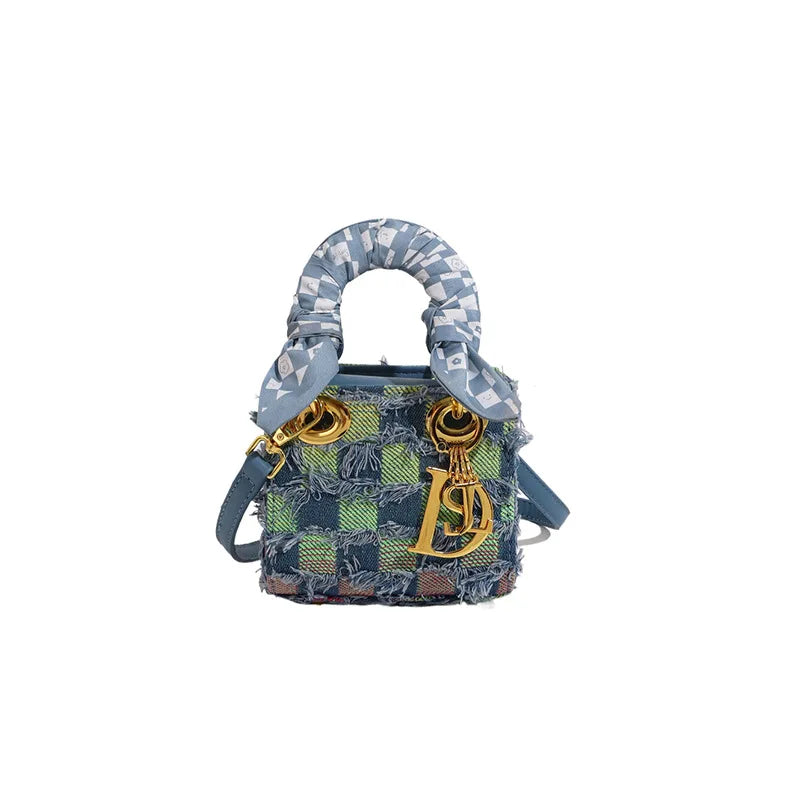 Chic Tweed Mini Crossbody Bag with Scarf Handle & Gold Charm - Stylish Women's Small Handbag