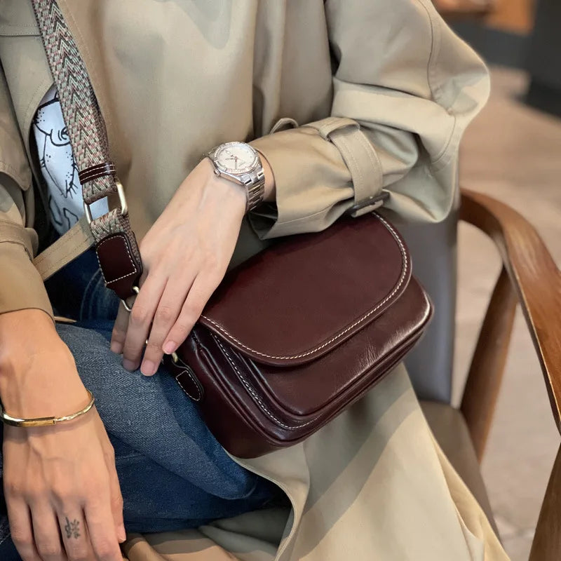 Vintage PU Leather Saddle Crossbody Bag with Wide Woven Guitar Strap