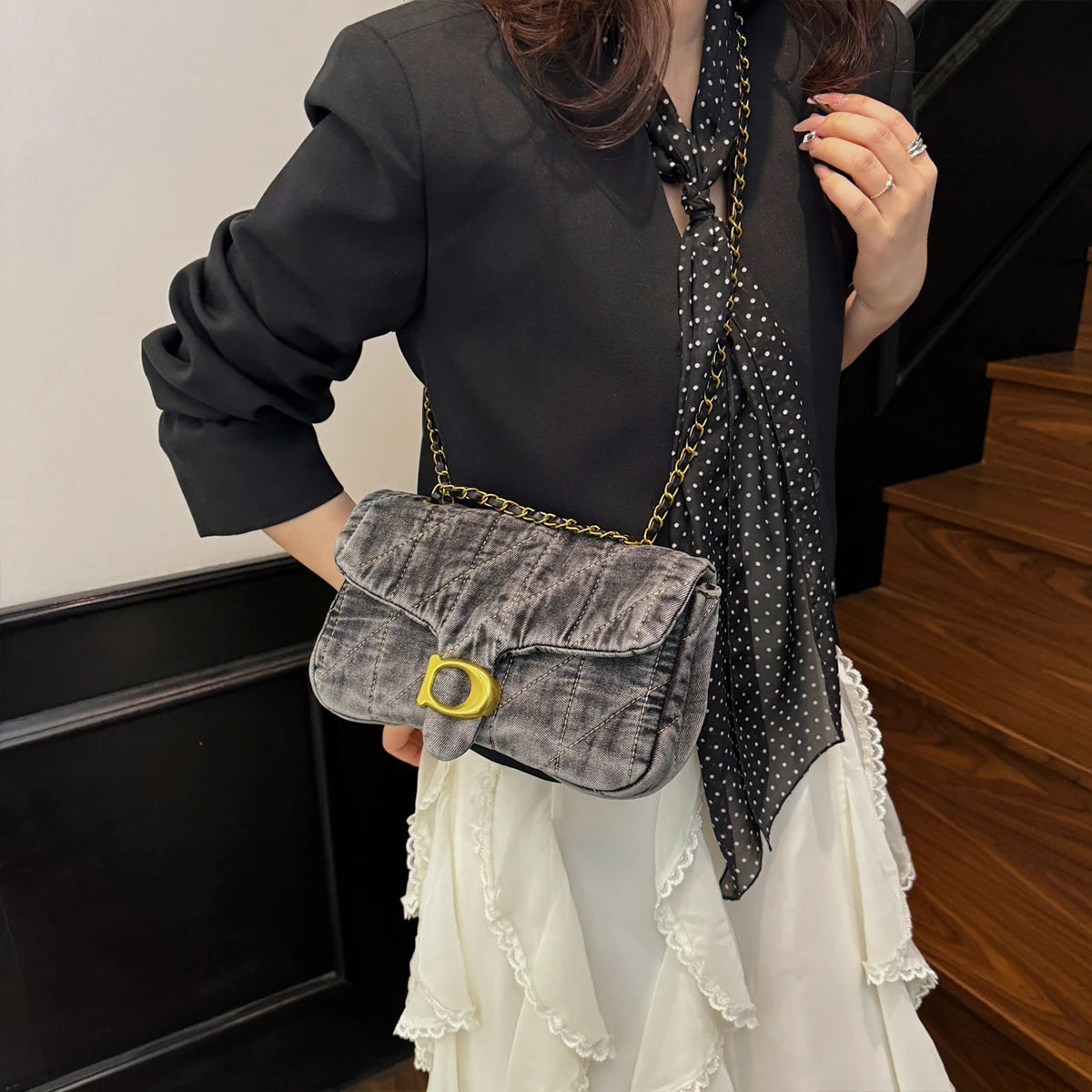 Vintage Quilted Denim Chain Handbag