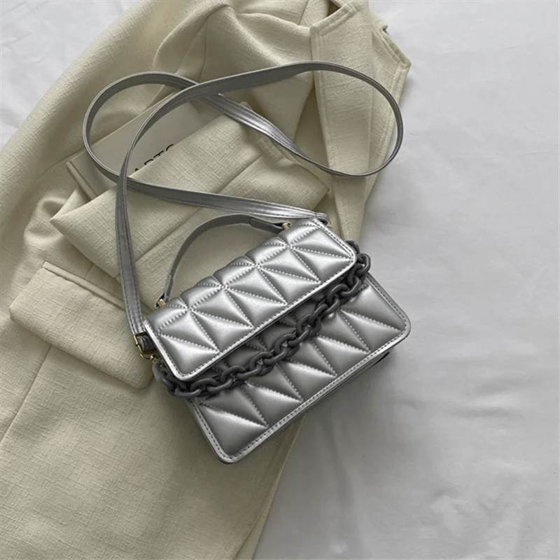 Metallic Silver Quilted Crossbody Bag with Chain Detail