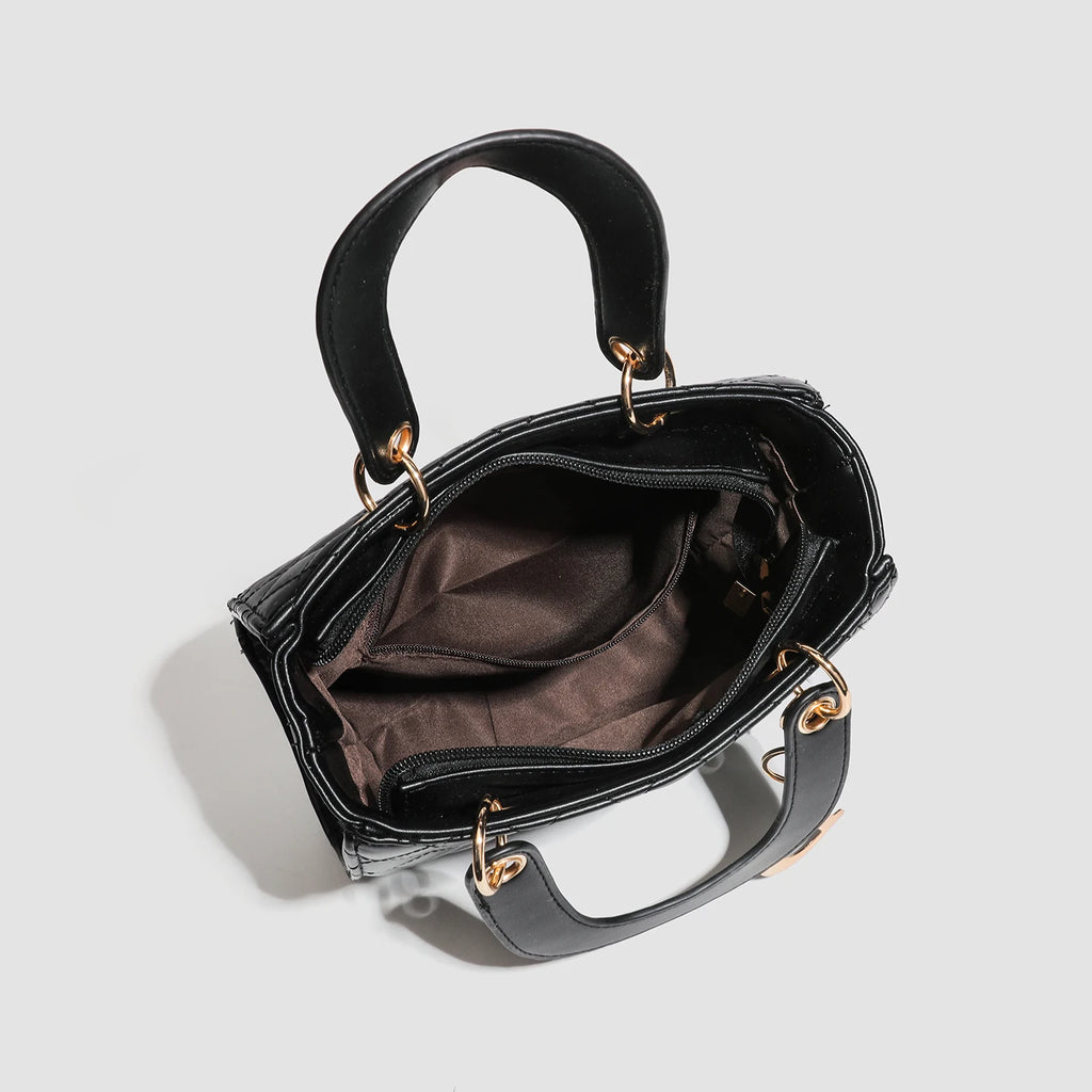 Chic Quilted Faux Leather Top-Handle Handbag with Gold-Tone Charm – Elegant Women's Satchel & Crossbody Bag