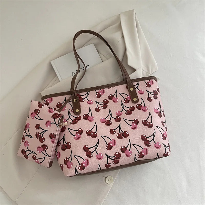 Chic Cherry Print Leather Tote Bag with Matching Pouch – Spacious Casual Shoulder Bag for Women
