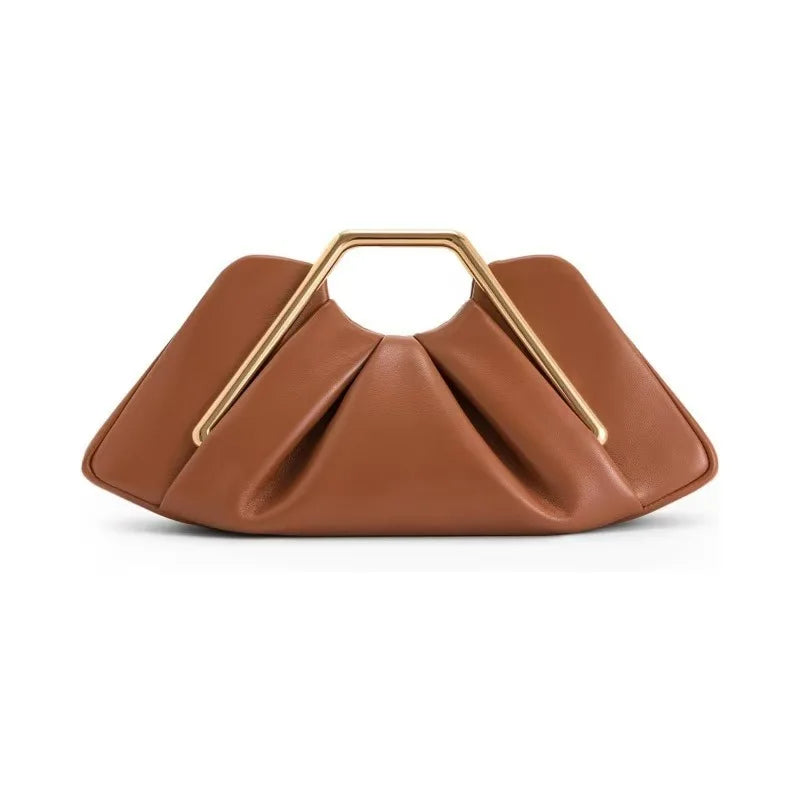 Chic Pleated PU Leather Clutch Bag | Metal Handle Geometric Evening Handbag