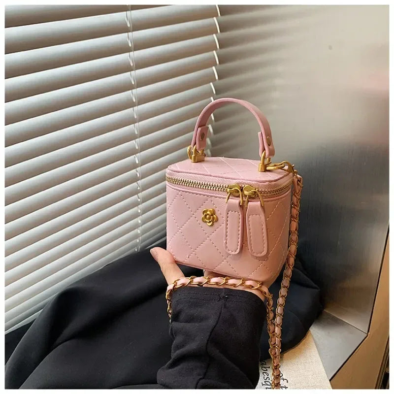 Cute Quilted Mini Vanity Box Bag with Gold Chain & Flower Detail