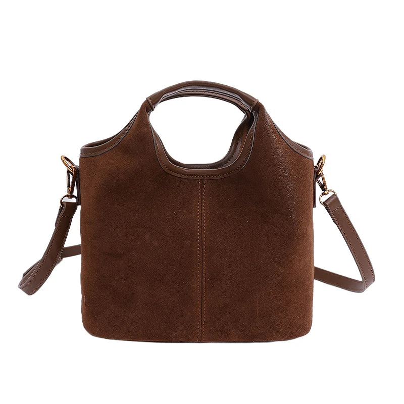 Vintage Suede Brown Tote & Crossbody Bag with Beaded Charm