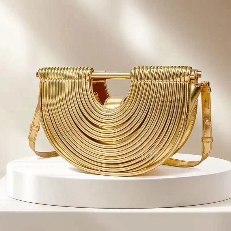 Luxury Metallic Gold Pleated Half-Moon Evening Clutch & Crossbody Bag