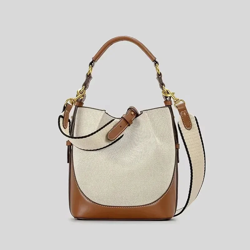 Casual Canvas & Leather Trim Bucket Crossbody Bag