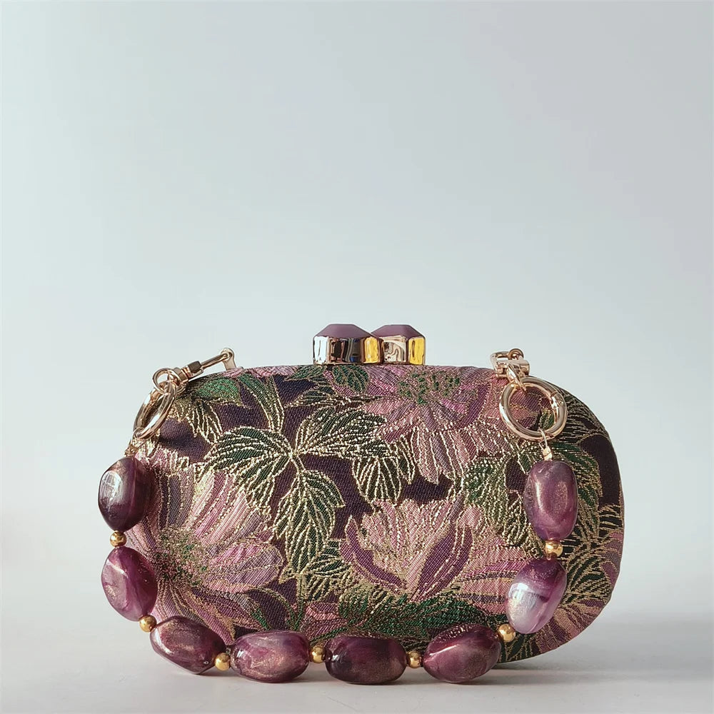 Elegant Floral Embroidered Hard Case Evening Clutch with Beaded Handle