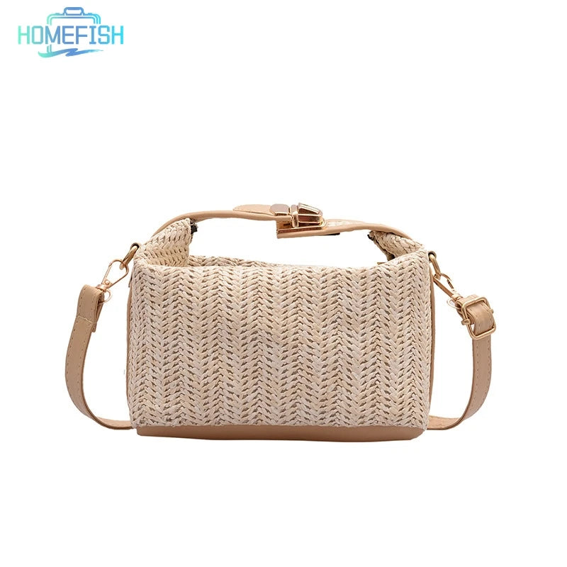 Boho Summer Straw Woven Crossbody Bag – Casual Beach Shoulder Bag with Leather Strap
