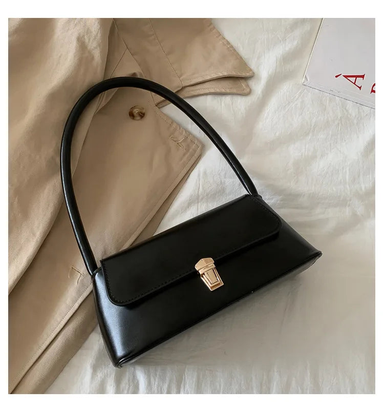 Minimalist Smooth Leather Shoulder Bag – Vintage Rectangle Baguette Bag for