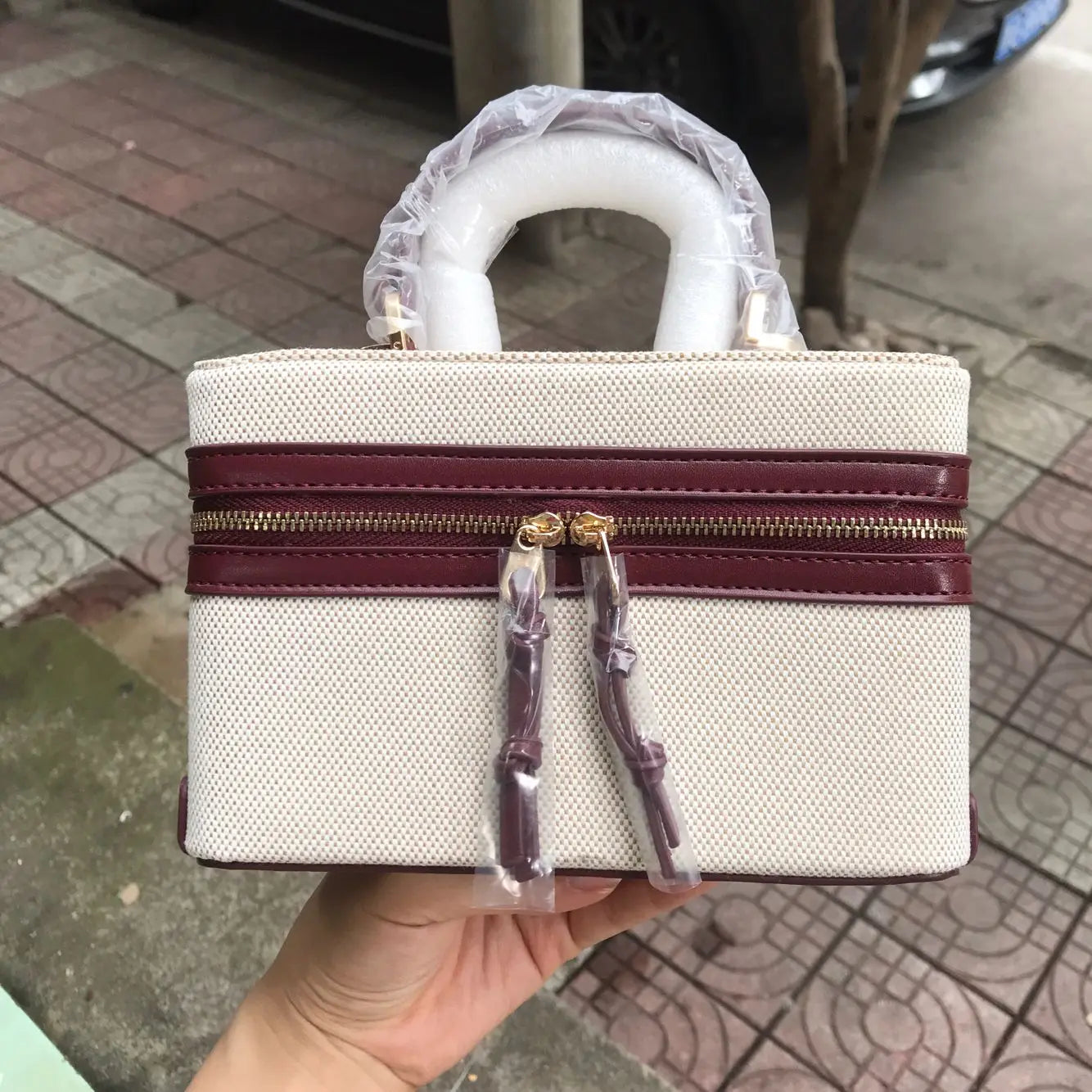 Minimalist Cream Canvas Box Bag with Leather Accents