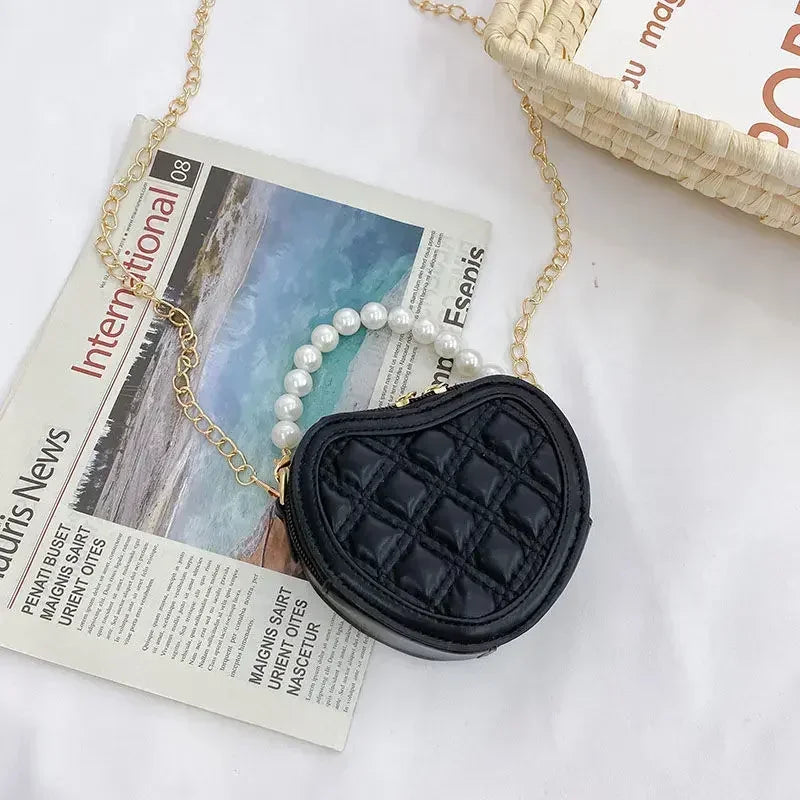 Cute Quilted Heart-Shaped Mini Handbag with Pearl Handle