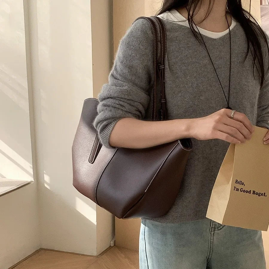 Aesthetic Brown PU Leather Everyday Tote with Contrast Stitching
