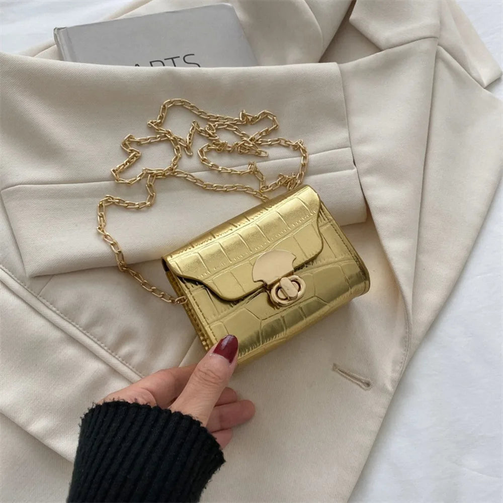 Metallic Silver Crocodile Texture Mini Crossbody Bag – Chic Chain Strap Micro Purse
