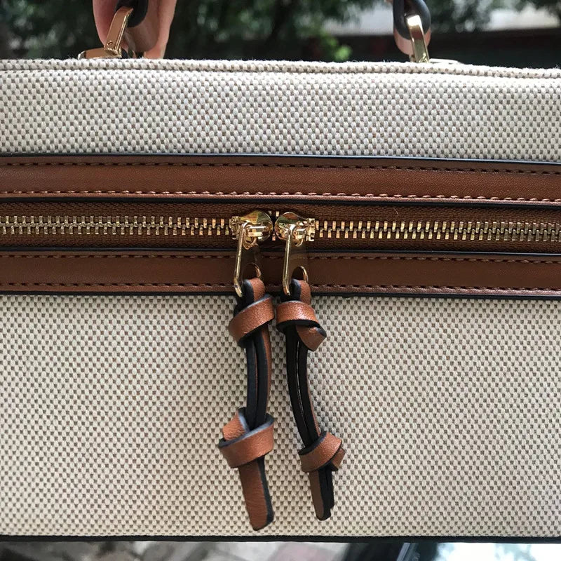 Minimalist Cream Canvas Box Bag with Leather Accents