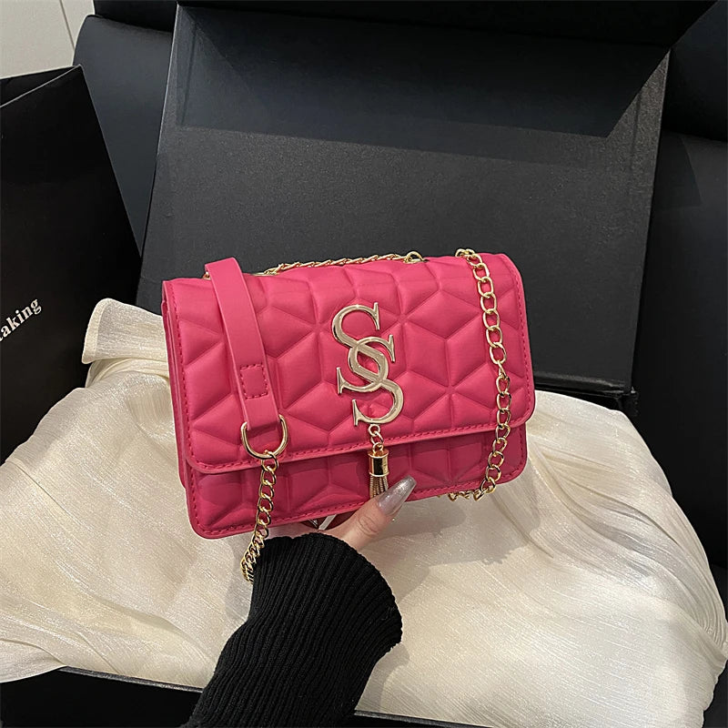 Luxury Quilted Geometric Flap Shoulder Bag with Gold Letter Monogram & Chain Strap